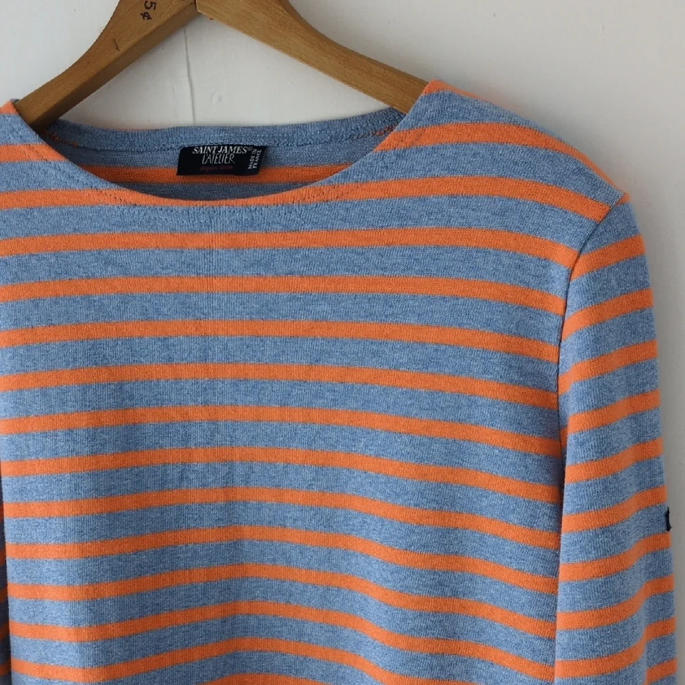 Saint James Atelier Striped Long Sleeve Shirt Light Blue Orange Cotton Size 12 - Picture 4 of 15